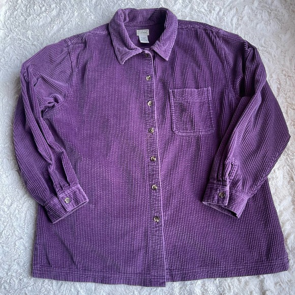 LL Bean wide wale corduroy aubergine purple button-down collared shirt L - Picture 6 of 17